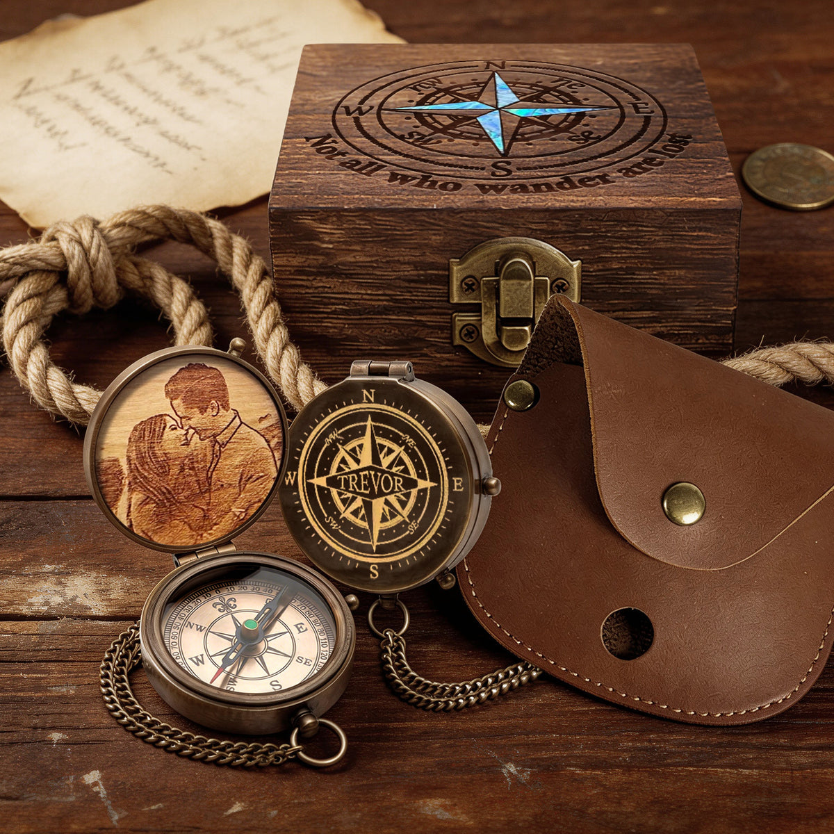 Personalized Engraved Compass with Wooden Box Custom Brass Pocket Compass with PU Leather Storage Pouch for Camping Hiking Fishing Vintage Antique Keepsake Father's Day Birthday Xmas Gifts