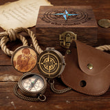 Personalized Engraved Compass with Wooden Box Custom Brass Pocket Compass with PU Leather Storage Pouch for Camping Hiking Fishing Vintage Antique Keepsake Father's Day Birthday Xmas Gifts