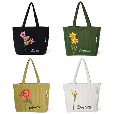 Personalized Birth Flower Corduroy Tote Bag for Women  Custom Name Large Shoulder Bag with Zipper