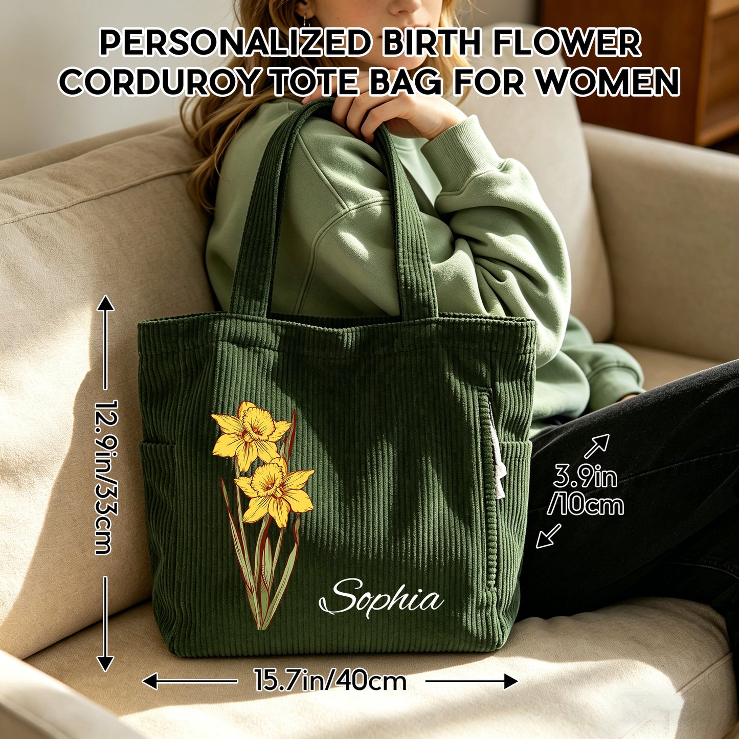 Personalized Birth Flower Corduroy Tote Bag