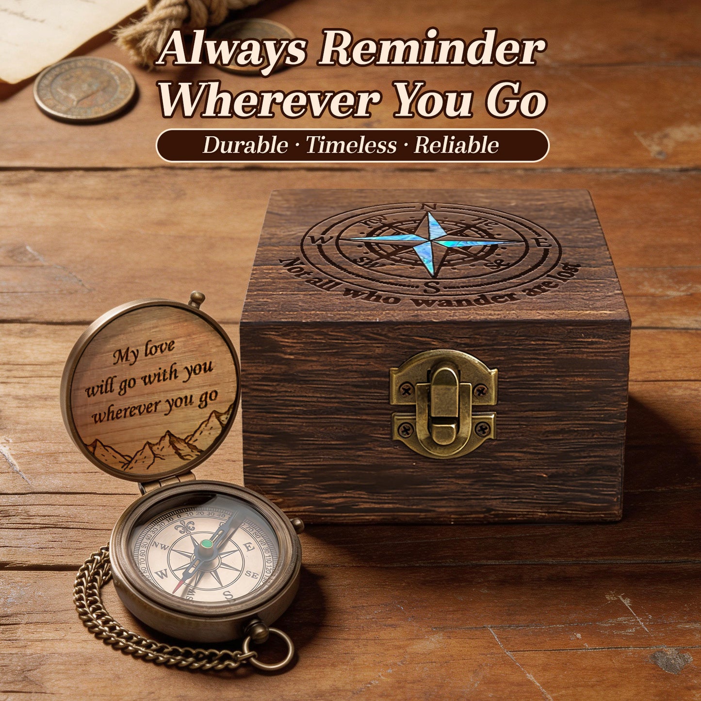 Personalized Engraved Compass with Wooden Box  Custom Brass Pocket Compass  with PU Leather Storage Pouch  for Camping Hiking Fishing  Vintage Antique Keepsake  Father's Day Birthday Xmas Gifts