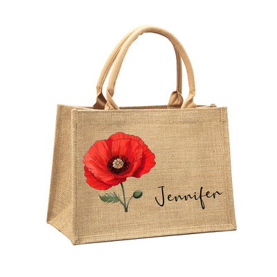 Bolsa de yute personalizada para la playa con flor de nacimiento y nombre