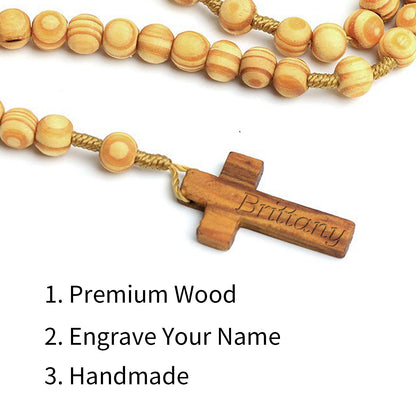 Personalized Wood Rosary with Engraved Name, Customized Wood Cross Rosary