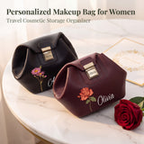 Personalized Makeup Bag with Name & Birth Flower Custom PU Leather Toiletry Bags for Women Customized Travel Cosmetic Pouch with Lock Gifts for Bridesmaid Wedding Birthday Anniversary