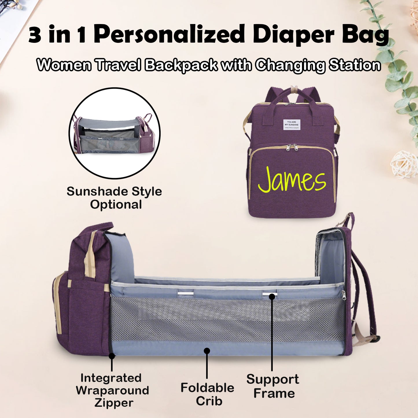 Personalized 3 in 1 Diaper Bag Backpack with Changing Station Multifunctional Large Baby Diaper Bags for Boys & Girls Portable Custom Lightweight Changing Bag Newborn Baby Essential Gifts