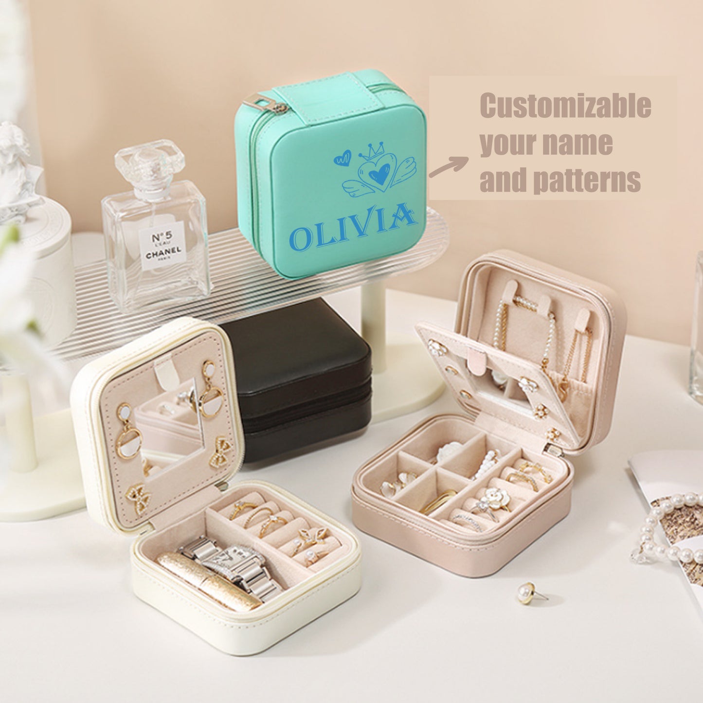 Personalized Portable Jewelry Box With Mirror,Suitable Gifts for Travelers And Colleagues.Birthday Gift