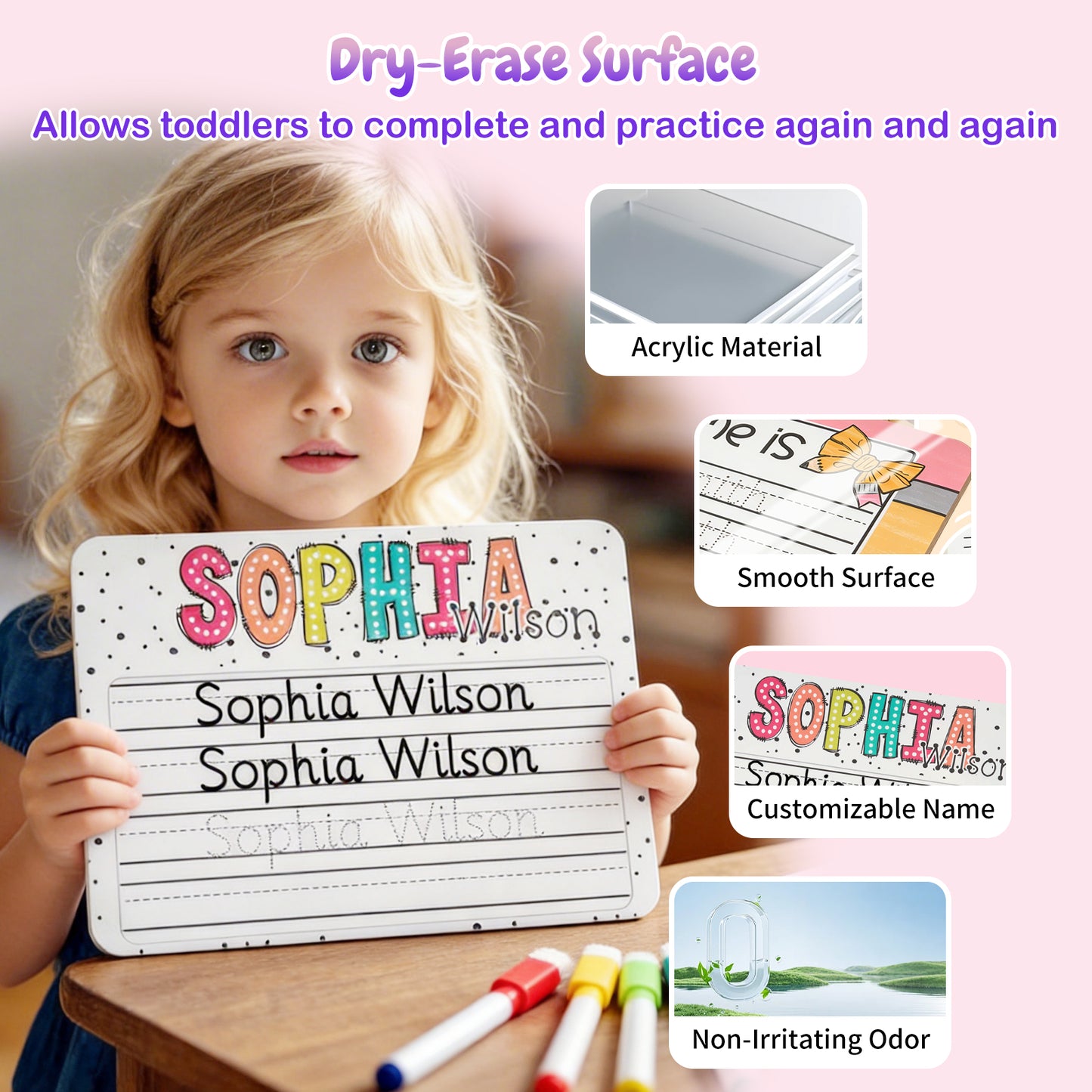 Personalized Name Practicing Board for Kids Cusotm Name Tracing Whiteboard with Dry-Erase Pen Back-to-School Gift for 3 4 5 Years Old Preschoolers Toddler Name Learning Handwriting