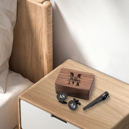Personalized Tie Clip and Cufflinks Set, Custom Wedding Cufflinks, with Wooden Box, Groomsmen Wedding Gift Set