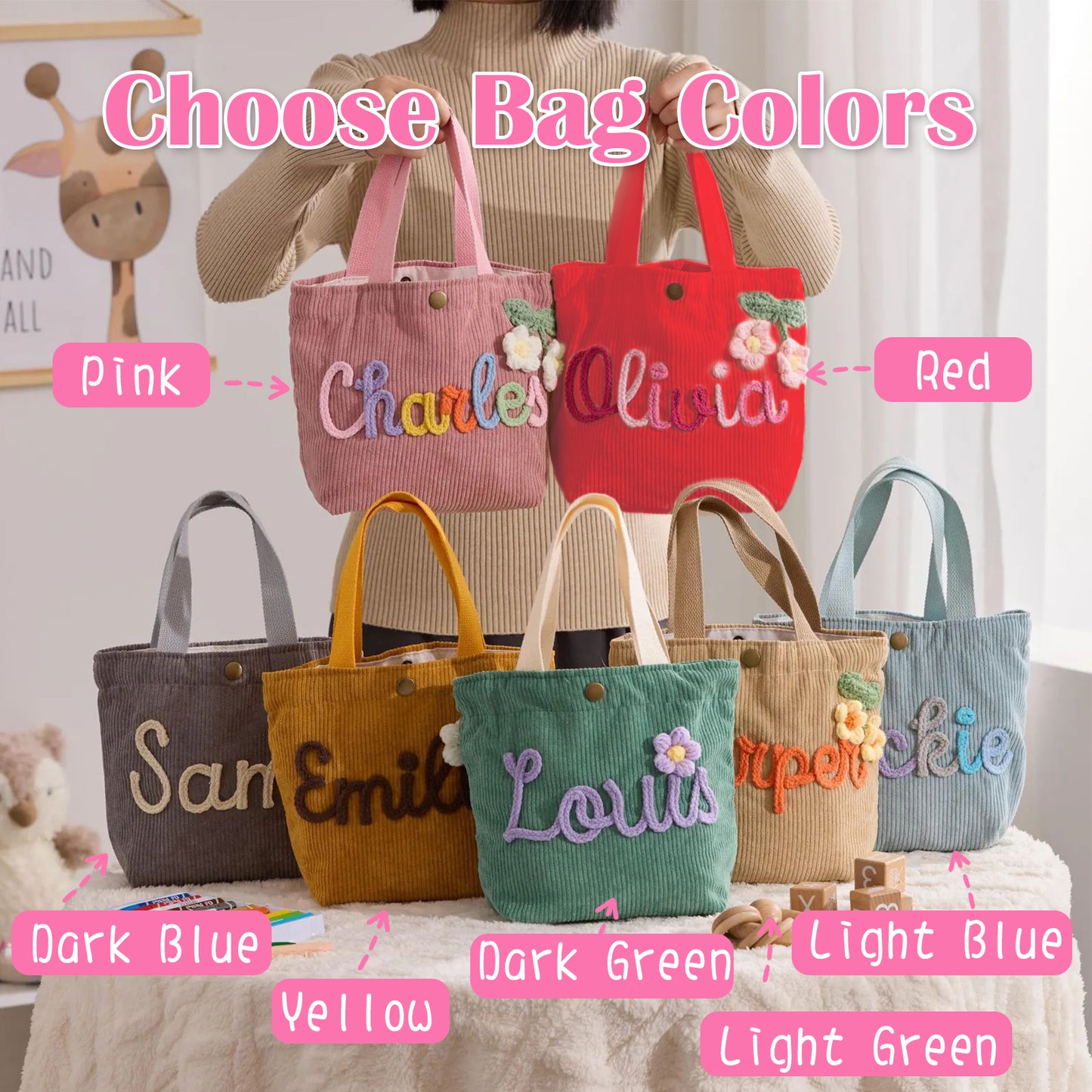 Personalized Embroidered Corduroy Tote,Custom Name Tote Bag