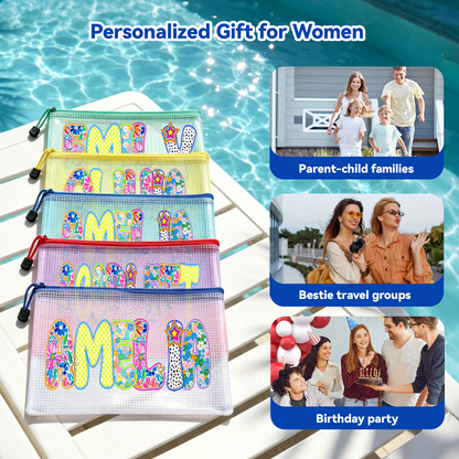 Personalized Beach Bag with Artistic Name Custom Pool Bag for Women Waterproof Beach Bag with Zipper Wet Dry Mesh Design Beach Pouch For Pool Beach Vacation Birthday Summer Party Travel