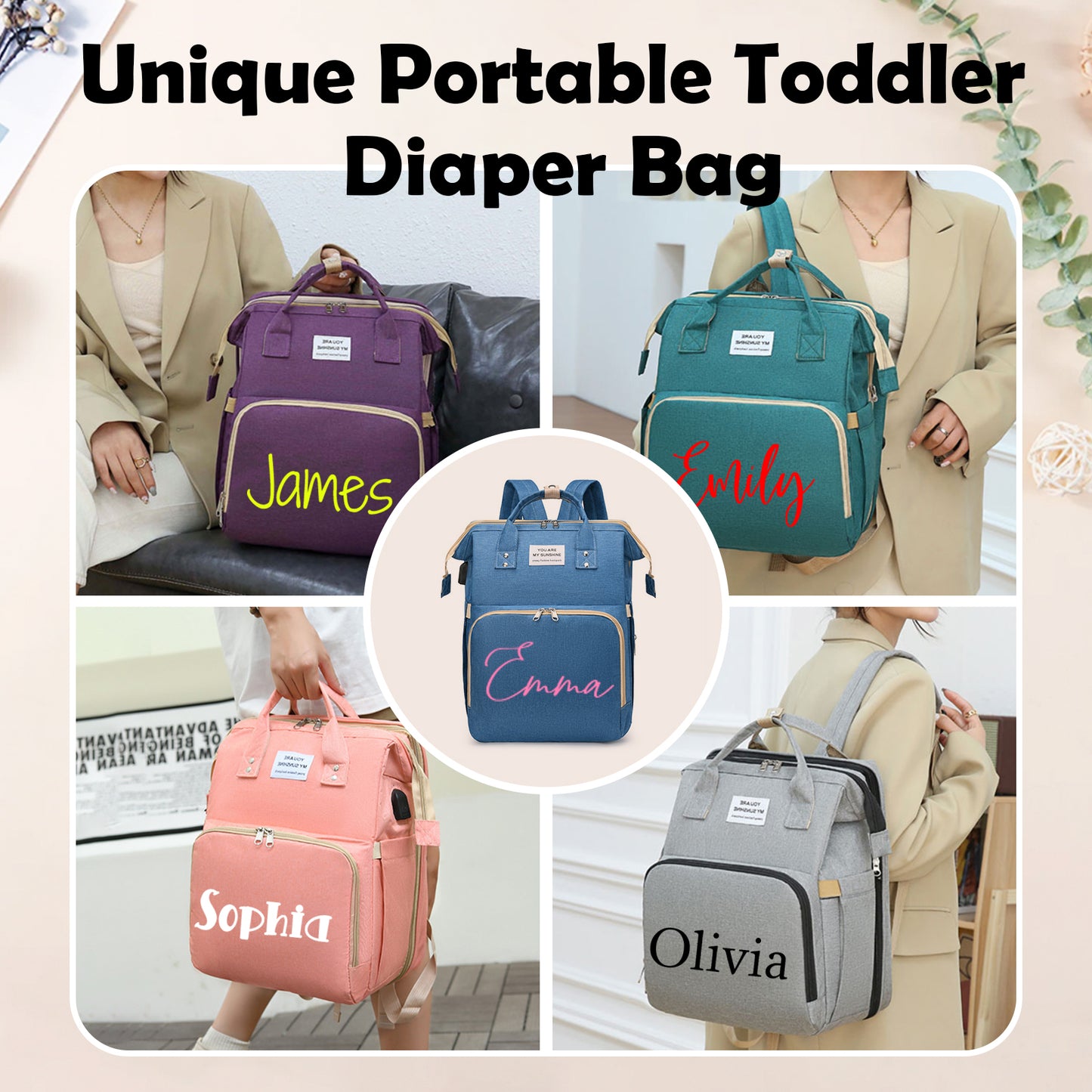 Personalized 3 in 1 Diaper Bag Backpack with Changing Station Multifunctional Large Baby Diaper Bags for Boys & Girls Portable Custom Lightweight Changing Bag Newborn Baby Essential Gifts