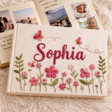 Custom Hand Embroidered Baby Birthday Guest Book Embroidered Floral Butterfly Baby Book Custom Floral Linen Scrapbook Newborn Gift Album