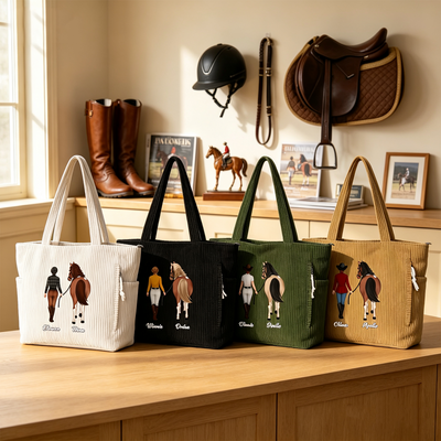 Personalized Horse Corduroy Bag Custom with Horse Silhouette & Name Horse Gifts for Women and Girls Horse Lovers Tote Bag for Equestrian Training Horse Show Competitions Office Commute
